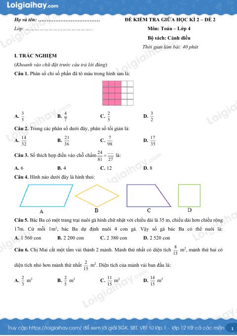 Đề kiểm tra giữa học kì 2 Toán 4 Cánh diều - Đề số 2